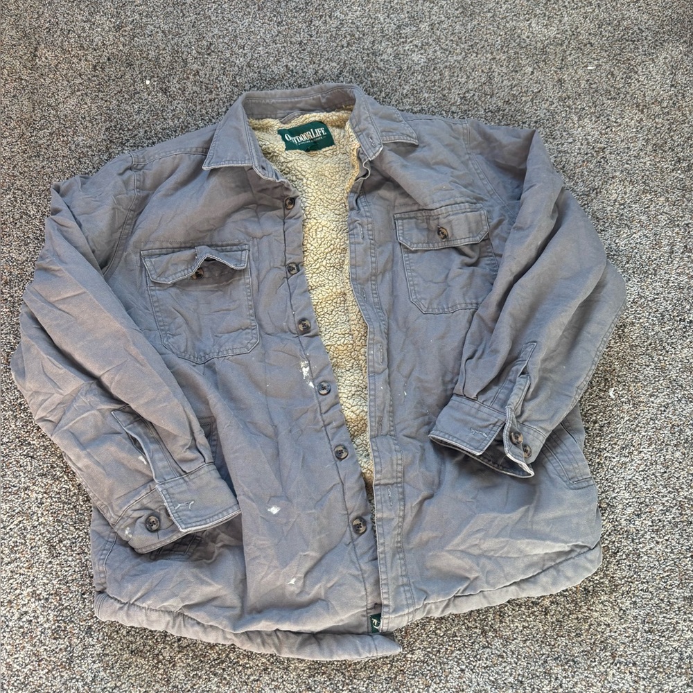 Outdoor Life Men’s Gray Denim Sherpa-Lined Field Jacket button up grunge vintage